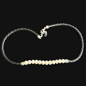 Black Braided Leather Pearl Necklace Silver Boho